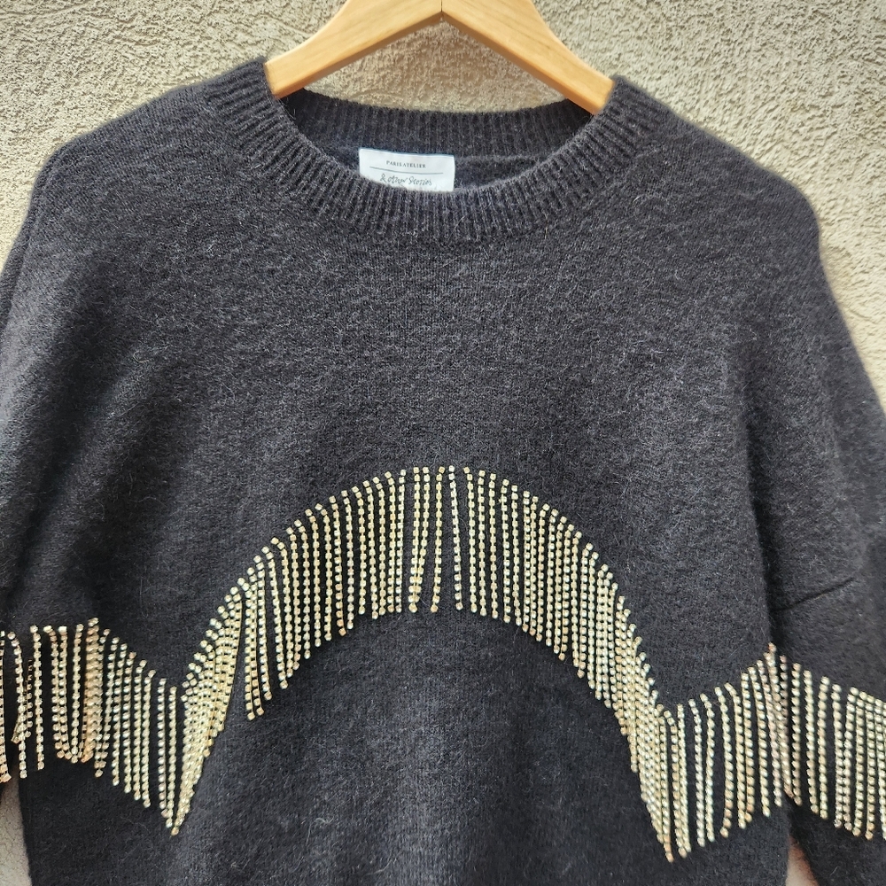 & OTHER STORIES Women’s Rhinestone Fringe Crop Sweater Small Black Wool Alpaca - Picture 6 of 10